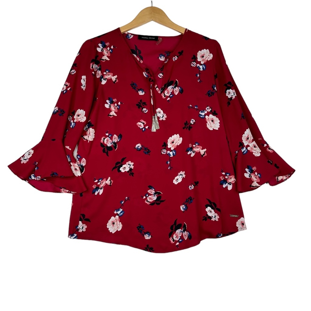 Ivanka Trump Red Flowers Ruffled Sleeves Boho Women's Blouse Size Small
